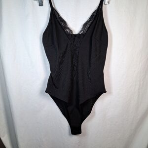 Black Lace Bodysuit Ribbed Knit L Snap Closure V Neck